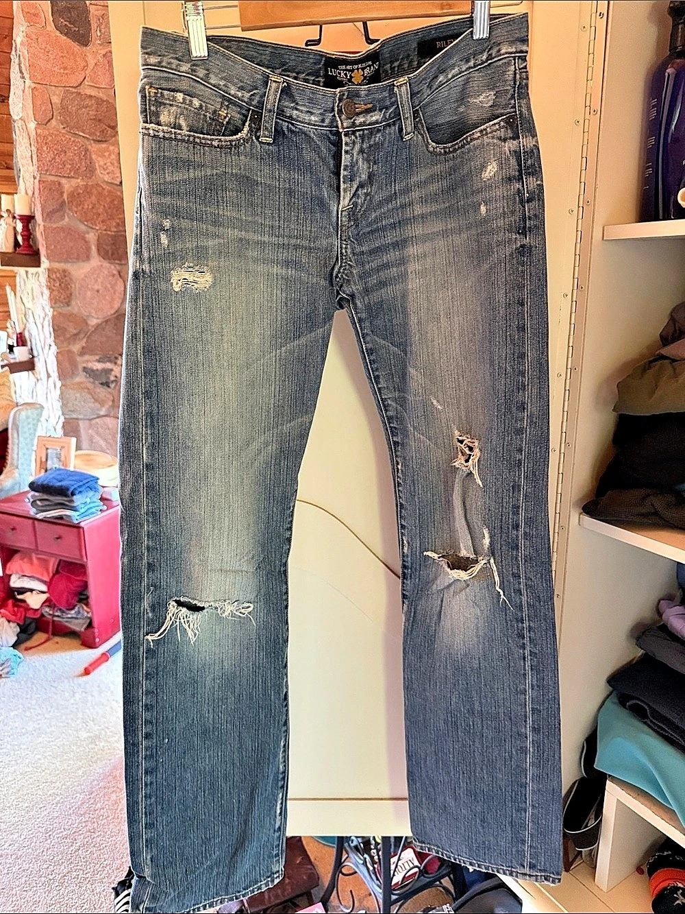 Lucky Brand Riley Distressed Straight Leg Jeans in Blue Waist 27